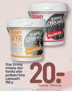 REMA 1000 Stay Strong creamy skyr Vanilla eller jordbær/lime Laktosefri 950 g tilbud