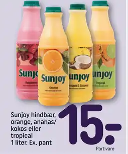 REMA 1000 Sunjoy hindbær, orange, ananas/ kokos eller tropical 1 liter. Ex. pant tilbud