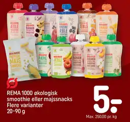 REMA 1000 REMA 1000 økologisk smoothie eller majssnacks Flere varianter 20-90 g tilbud