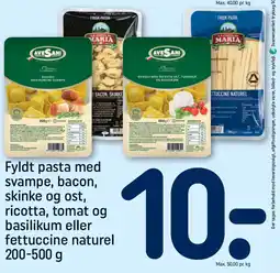 REMA 1000 Fyldt pasta med svampe, bacon, skinke og ost, ricotta, tomat og basilikum eller fettuccine naturel tilbud