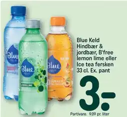 REMA 1000 BLUE Keld Hindbær & jordbær, B'free lemon lime eller Ice tea fersken tilbud