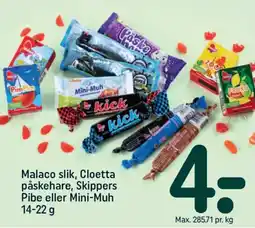 REMA 1000 MALACO slik, Cloetta påskehare, Skippers Pibe eller Mini-Muh tilbud