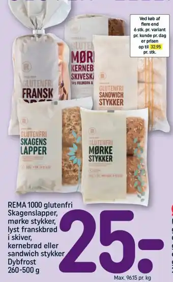 REMA 1000 REMA 1000 glutenfri Skagenslapper, mørke stykker, lyst franskbrød i skiver tilbud