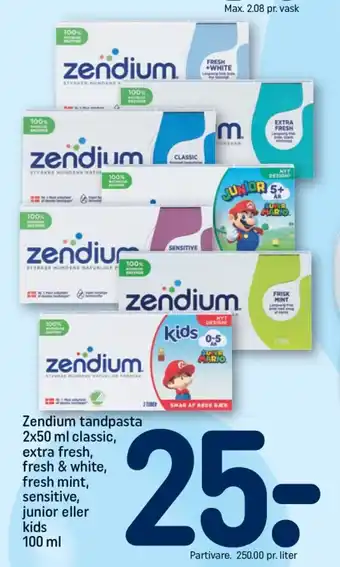 REMA 1000 ZENDIUM tandpasta 2x50 ml classic, extra fresh, fresh & white, fresh mint, sensitive, junior eller kids tilbud