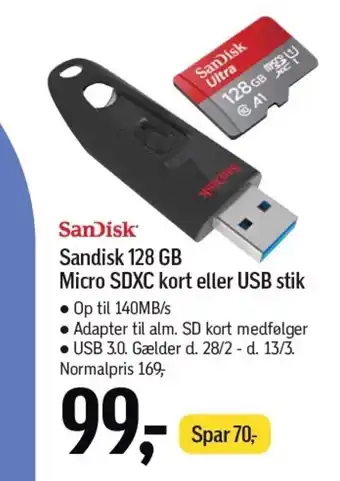 Føtex SANDISK 128 GB Micro SDXC kort eller USB stik tilbud