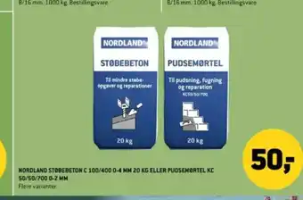 XL-BYG NORDLAND STØBEBETON C 100/400 0-4 MM 20 KG ELLER PUDSEMØRTEL KC 50/50/700 0-2 MM tilbud