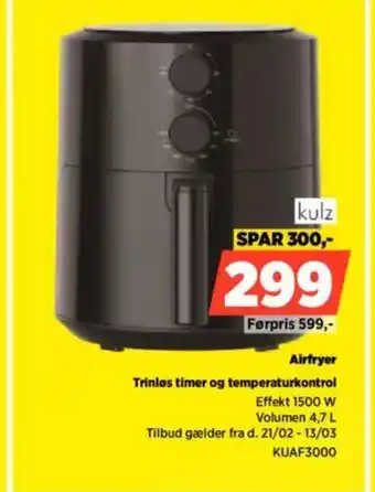 Power Airfryer Trinlos timer og temperaturkontrol tilbud