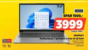 Power IdeaPad 1 Kraftig Ryzen 7 processor & hele 16 GB RAM tilbud