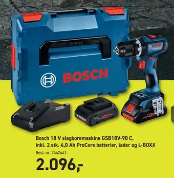 Johannes Fog Bosch 18 V slagboremaskine GSB18V-90 C, inkl. 2 stk. 4,0 Ah ProCore batterier, lader og L-BOXX tilbud