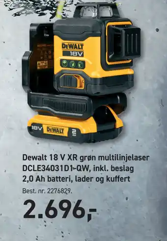 Johannes Fog Dewalt 18 V XR grøn multilinjelaser DCLE34031D1-QW, inkl. beslag 2,0 Ah batteri, lader og kuffert tilbud