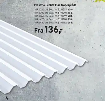 Johannes Fog Plastmo Ecolite klar trapezplade tilbud