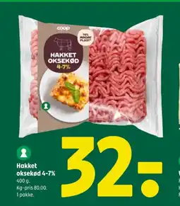 Coop 365 Hakket oksekød 4-7%Kg-pris 80,00. 1 pakke. . tilbud