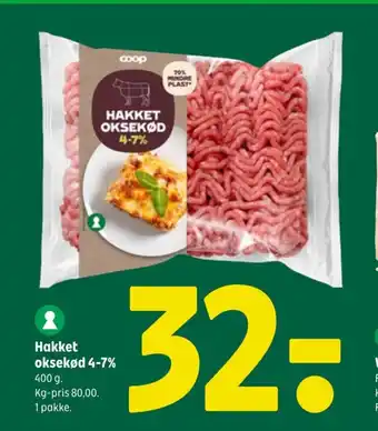 Coop 365 Hakket oksekød 4-7%Kg-pris 80,00. 1 pakke. . tilbud