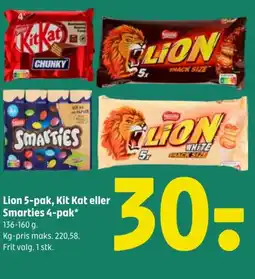 Coop 365 Lion 5-pak, Kit Kat eller Smarties 4-pak* 136-160 g. Kg-pris maks. 220,58. Frit valg. 1 stk. tilbud