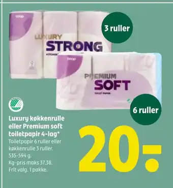 Coop 365 Luxury køkkenrulle eller Premium soft toiletpapir 4-lag* Toiletpapir 6 ruller eller køkkenrulle 3 ruller. tilbud