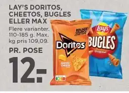 MENY Lay's Doritos Bugles eller MAX 110-185 g tilbud