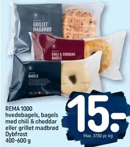 REMA 1000 REMA 1000 hvedebagels, bagels med chili & cheddar eller grillet madbrød Dybfrost 400-600 g tilbud