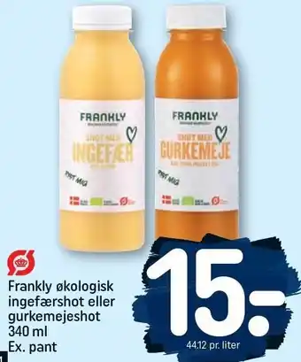 REMA 1000 Frankly økologisk ingefærshot eller gurkemejeshot 340 ml Ex. pant tilbud