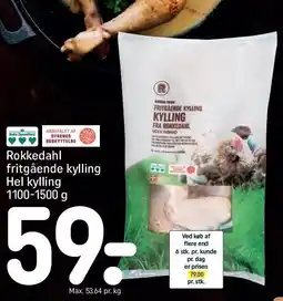 REMA 1000 Rokkedahl fritgående kylling Hel kylling 1100-1500 g tilbud