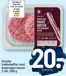 REMA 1000 Danske hakkebøffer med bøgerøget bacon 2. stk/ 250 g tilbud