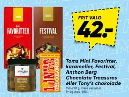 Bilka Toms Mini Favoritter, karameller, Festival, Anthon Berg Chocolate Treasures eller Tony’s chokolade tilbud