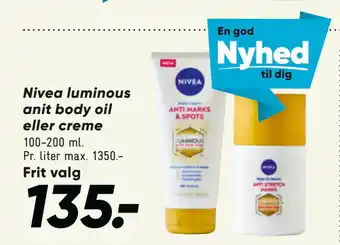 Bilka Nivea luminous anit body oil eller creme tilbud