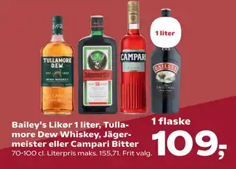 SuperBrugsen Bailey's Likør 1 liter, Tullamore Dew Whiskey, Jägermeister eller Campari Bitter tilbud