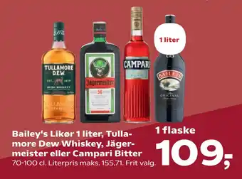 Kvickly Bailey's Likør 1 liter, Tullamore Dew Whiskey, Jägermeister eller Campari Bitter tilbud