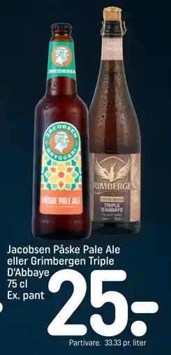 REMA 1000 Jacobsen Påske Pale Ale eller Grimbergen Triple D'Abbaye 75 cl Ex. pant tilbud