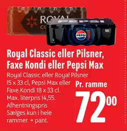 Min Købmand Royal Classic eller Pilsner, Faxe Kondi eller Pepsi Max tilbud