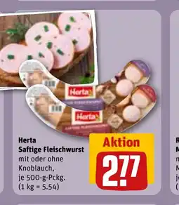 REWE Herta Saftige Fleischwurst mit oder ohne Knoblauch, tilbud