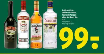 Coop 365 Baileys Likør, Smirnoff Vodka, Captain Morgan eller Gordon's Gin tilbud