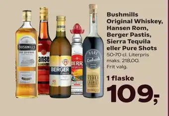 SuperBrugsen Bushmills Original Whiskey, Hansen Rom, Berger Pastis, tilbud