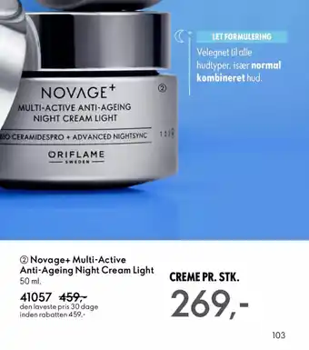 Oriflame NOVAGE+ Multi-active anti-ageing night cream light tilbud