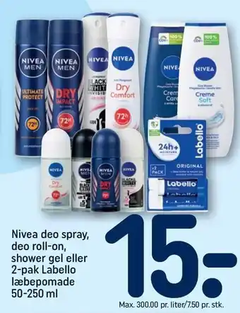 REMA 1000 Nivea deo spray, deo roll-on, shower gel eller 2-pak Labello læbepomade tilbud