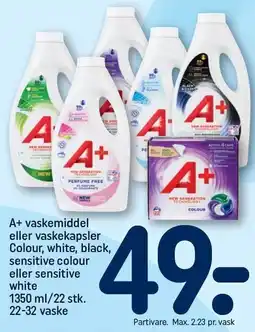 REMA 1000 A+ vaskemiddel eller vaskekapsler Colour, white, black, sensitive colour eller sensitive white tilbud