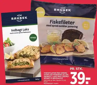 MENY FISKEFILETER MED SPRØD OVNKLAR PANERING ELLER INDBAGT LAKS MED CREMET SPINAT-FLØDESAUCE tilbud