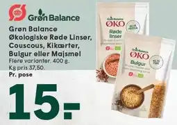 SPAR Grøn Balance Økologiske Røde Linser, Couscous, Kikærter, Bulgur eller Majsmel tilbud