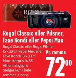 Min Købmand Royal Classic eller Pilsner, Faxe Kondi eller Pepsi Max tilbud