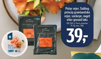 Føtex Polar rejer, Salling princip grønlandske rejer, sockeye, røget eller gravad laks tilbud