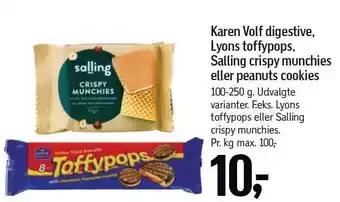 Føtex Karen Volf digestive, Lyons toffypops, Salling cripsy munchies eller peanuts cookies tilbud