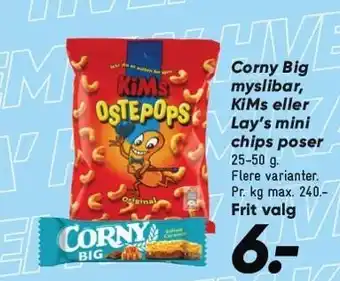 Bilka Corny Big myslibar, KiMs eller Lay's mini chips poser tilbud