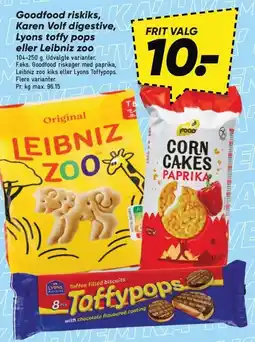 Bilka Goodfood riskiks, Karen Volf digestive, Lyons toffy pops eller Leibniz zoo tilbud