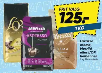 Bilka Lavazza crema, Merrild eller L'OR helbønner tilbud