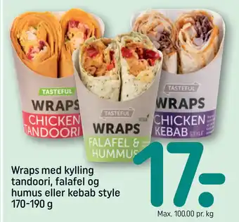 REMA 1000 Wraps med kylling tandoori, falafel og humus eller kebab style 170-190 g tilbud