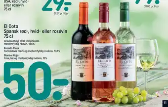 REMA 1000 El Coto Spansk rød-, hvid- eller rosévin 75 cl tilbud