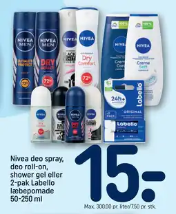 REMA 1000 Nivea deo spray, deo roll-on, shower gel eller 2-pak Labello læbepomade 50-250 ml tilbud