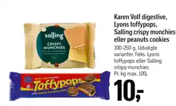 Føtex Karen Volf digestive, Lyons toffypops, Salling crispy munchies eller peanuts cookies tilbud