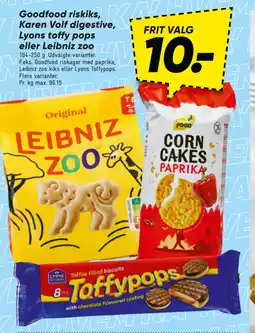 Bilka Goodfood riskiks, Karen Volf digestive, Lyons toffy pops eller Leibniz zoo tilbud