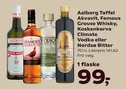 Kvickly Aalborg Taffel Akvavit, Famous Grouse Whisky, Koskenkorva Climate Vodka eller Nordsø Bitter tilbud